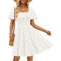 Weißes Kleid mit Karree-Ausschnitt, Puffärmeln und strukturierter floraler Textur für Damen - S / Weiß