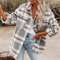 Women's oversized plaid flannel shirt jacket with grey and brown check and front buttons - S / Light Gray