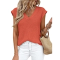 Women's V-neck orange knit sleeveless sweater vest with a ribbed texture and relaxed fit - S / Watermelon red