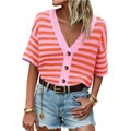Short sleeve V-neck knit cardigan in vibrant pink and orange horizontal stripes - S / Pink