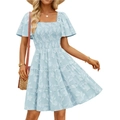 Light blue puff sleeve square neck summer dress with floral embroidery and tiered skirt - Light Blue