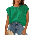 Bright green hollow out knit sweater top with sleeveless round neck design for summer - Green