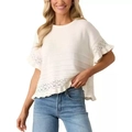 Top in maglia bianco crema da donna con girocollo e bordo in pizzo traforato a volant - Taglia S / Bianco