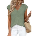 Sage green V-neck chunky knit vest for women in a loose fit casual sleeveless style - Bean Green