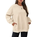 Oversized beige crewneck sweatshirt with front pockets and ribbed cuffs for women - Apricot