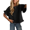 Top in maglia nera a maniche corte da donna con pizzo elegante e orlo a volant - Taglia S / Nero