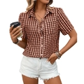 Women's casual plaid short sleeve shirt with button down front and front pocket - S / Rust Red
