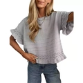 Maglione in maglia grigio chiaro a maniche corte con pizzo e bordo a volant elegante - Taglia S / Grigio
