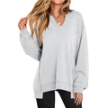 Women's grey V-neck sweatshirt with drop shoulders and decorative stitching details - S / Light Gray