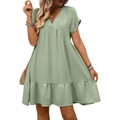 Vestido de verano de manga corta con cuello en V y dobladillo con volantes en verde salvia - S / Verde Frijol