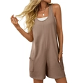 Women's khaki sleeveless loose romper with side pockets and scoop neck design - Khaki