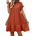 Robe d'été rouge rouille à col en V avec ourlet volanté et taille haute de vacances - S / Rouge Rouille