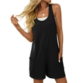 Women's black sleeveless loose romper with scoop neck and functional side patch pockets - Black