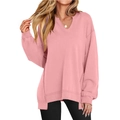 Pink oversized V-neck sweatshirt with drop shoulders and side split high-low hem - S / Pink