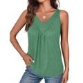 Women's summer green V-neck sleeveless top featuring stylish pleated front details - S / Green