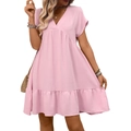 Vestido rosa de verano con cuello en V, manga corta y volantes, silueta línea A - S / Rosa