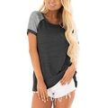 Dames casual T-shirt met korte raglanmouwen in grijs kleurvlak en ronde halslijn - donkergrijs