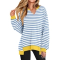 Women's blue striped V-neck sweatshirt with contrasting yellow ribbed trim detail - S / Light Blue Striped