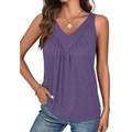 Women's purple V-neck sleeveless casual tank top with elegant pleat detail and loose fit - S / Purple