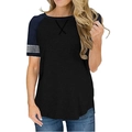 Dames zwart raglan T-shirt met korte blauw gestreepte mouwen en een A-lijn zoom - S / Zwart