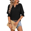 Camiseta de verano para mujer con cuello en V, mangas con volantes y textura de algodón - S / Negro