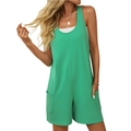 Women's casual sleeveless short romper in grass green with functional square pockets - S / Green