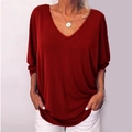 Donkerrood T-shirt met V-hals en vleermuismouwen, losse pasvorm en een casual silhouet - 3XL / Bordeauxrood