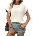 Ivory knit short sleeve sweater with black contrast scalloped trim for summer style - S / Off White
