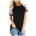 Detail of round neck T-shirt featuring raglan sleeves with stripe and leopard print patchwork - S / Black