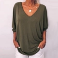 Detail view of military green V-neck loose t-shirt with draped batwing sleeves - Army Green