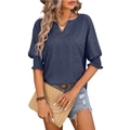 Top informal azul marino con cuello en V, mangas abullonadas y puños elásticos con volantes - S / Azul marino