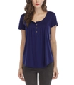T-shirt femme bleu marine à manches courtes avec col rond boutonné et détails plissés - S / Bleu Marine