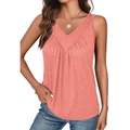 Women's V-neck sleeveless tank top in coral pink with elegant pleated front detail - S / Coral