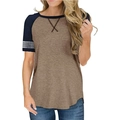 Dames T-shirt met ronde hals en contrastkleurige raglanmouwen in bruin en marineblauw - S / Bruin