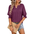 Camiseta de mujer con cuello en V púrpura con mangas abullonadas y puños elásticos - S / Burdeos