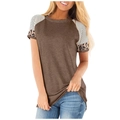 Close-up of short sleeve t-shirt with striped raglan sleeves and leopard print cuffs - Coffee