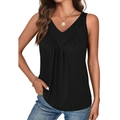 Women's V-neck sleeveless top in black, featuring pleated collar detail and slim fit - S / Black