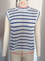 Women's white sleeveless knit vest with blue horizontal stripes and mesh texture - S / Blue
