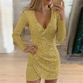 Macro shot of gold sequin dress detail featuring deep V-neck and wrap waist design - S / Gold Yellow