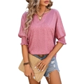 Loose pink cotton V-neck T-shirt with puff sleeves and smocked cuffs for summer - Pink