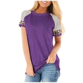 Women's casual purple t-shirt featuring striped and leopard print patchwork short sleeves - 3XL / Purple