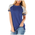 Close-up of blue T-shirt featuring striped and leopard print patchwork raglan sleeves - 3XL / Dark Blue