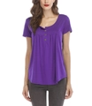 Women's purple short sleeve T-shirt with button neck and pleated front detail - S / Purple