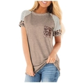 Close-up of leopard print pocket and striped raglan sleeve on brown casual t-shirt - 3XL / Khaki