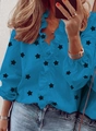 Damen Langarmhemd in Blau mit V-Ausschnitt, Rüschen und schwarzem Sternenmuster - S / Blau