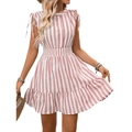 Vestido de rayas rosas sin mangas con tirantes ajustables y dobladillo con volantes - S / Rosa