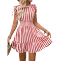 Vestido de verano a rayas sin mangas con escote abotonado y lazos en los hombros - S / Rojo