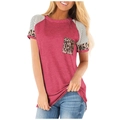 Detail of rose red T-shirt with leopard pocket and striped raglan short sleeves - Carmine