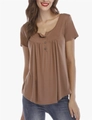 Women's brown short sleeve T-shirt with U-neck, buttons, and pleated front detail - S / Khaki