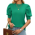 Pull en maille vert émeraude pour femme avec manches bouffantes et col rond élégant et moderne - S / Vert Lumineux